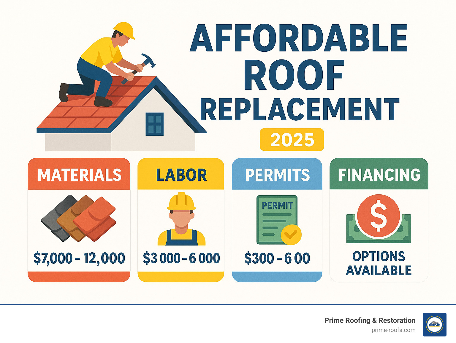 Comprehensive guide showing roof replacement cost factors including materials, labor, permits, and financing options with average price ranges for Alabama homeowners - Affordable roof replacement infographic 