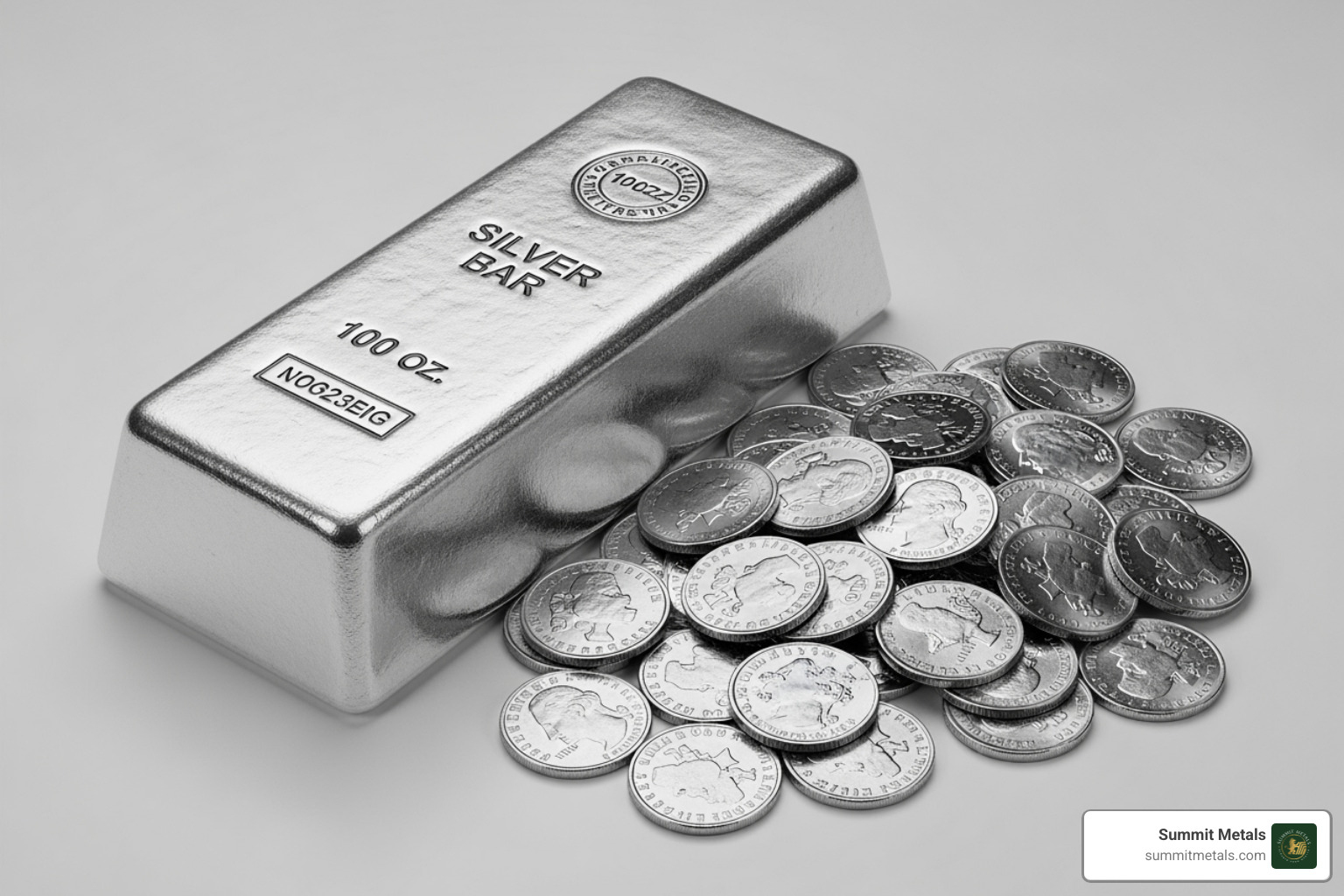 comparing the physical volume of a 100 oz silver bar to 100 individual 1 oz silver coins. - 100 oz silver bar