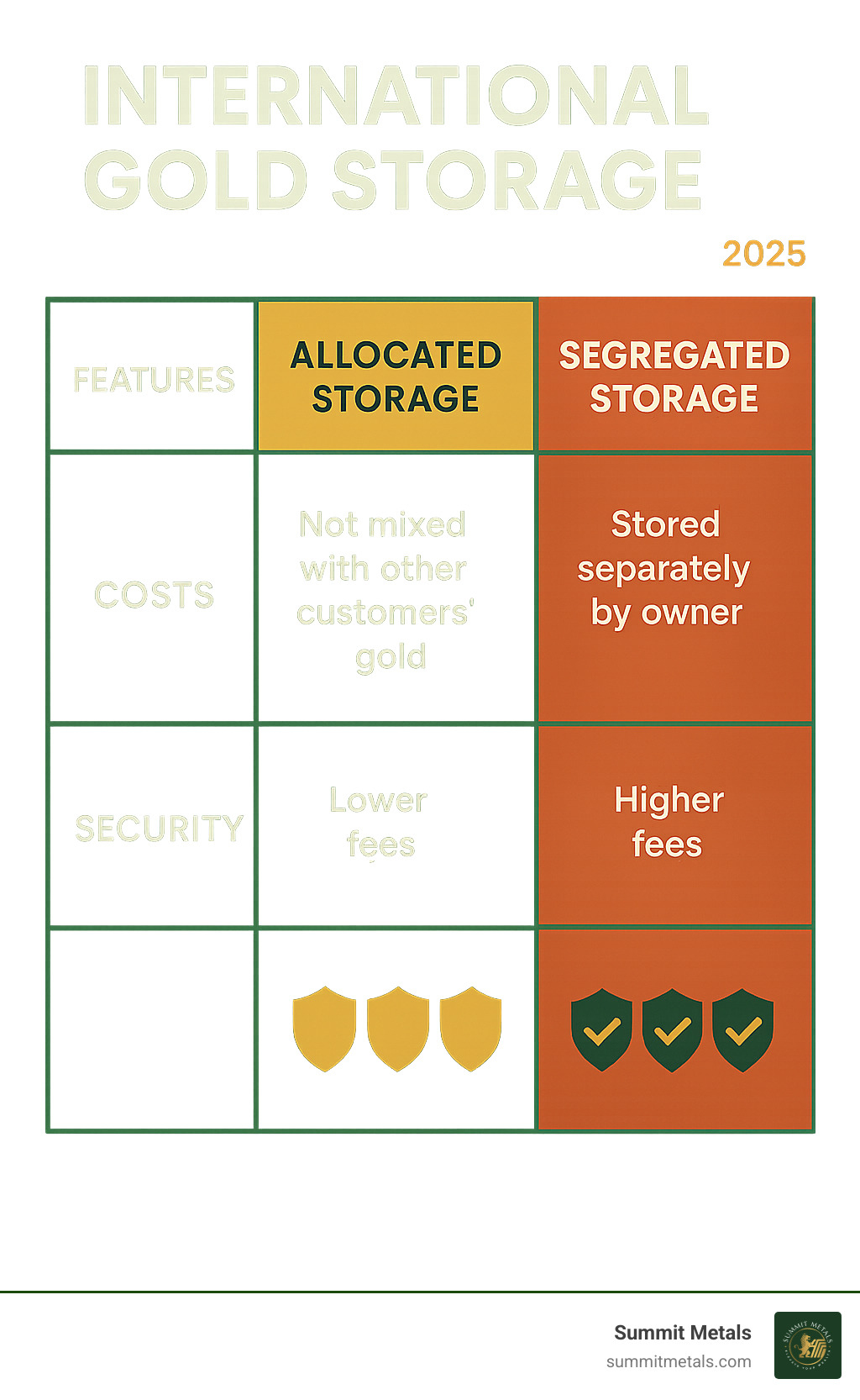 Comparison table showing allocated vs segregated storage features, costs, and security levels - international gold storage infographic 