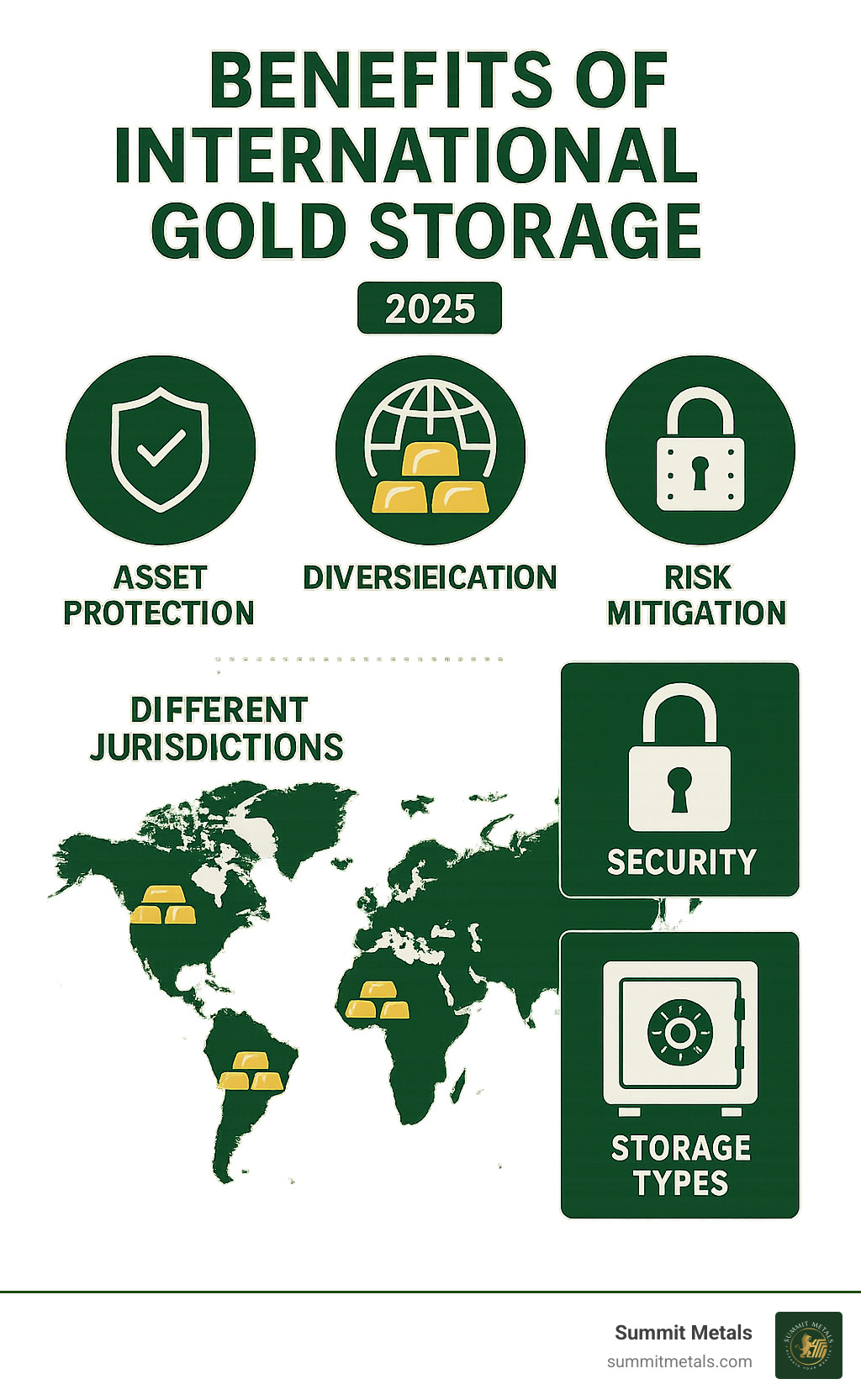 Benefits of international gold storage showing asset protection, diversification, and risk mitigation across different jurisdictions with security features and storage types - international gold storage infographic 