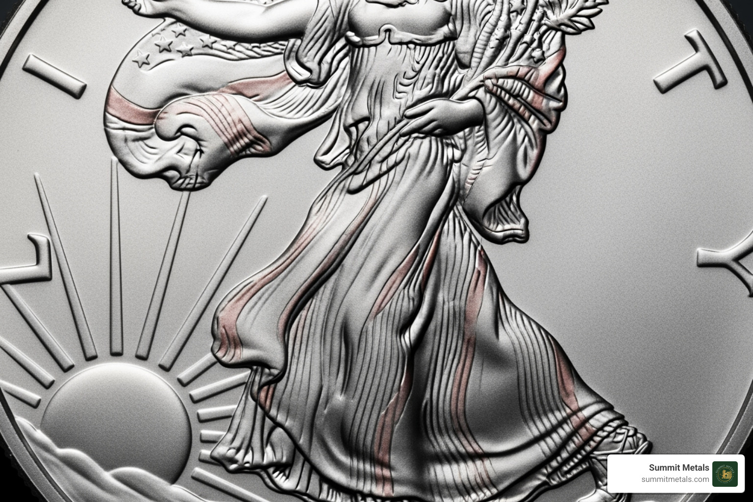 Walking Liberty design on Silver Eagle obverse showing Lady Liberty striding toward the rising sun - silver eagle 1 ounce