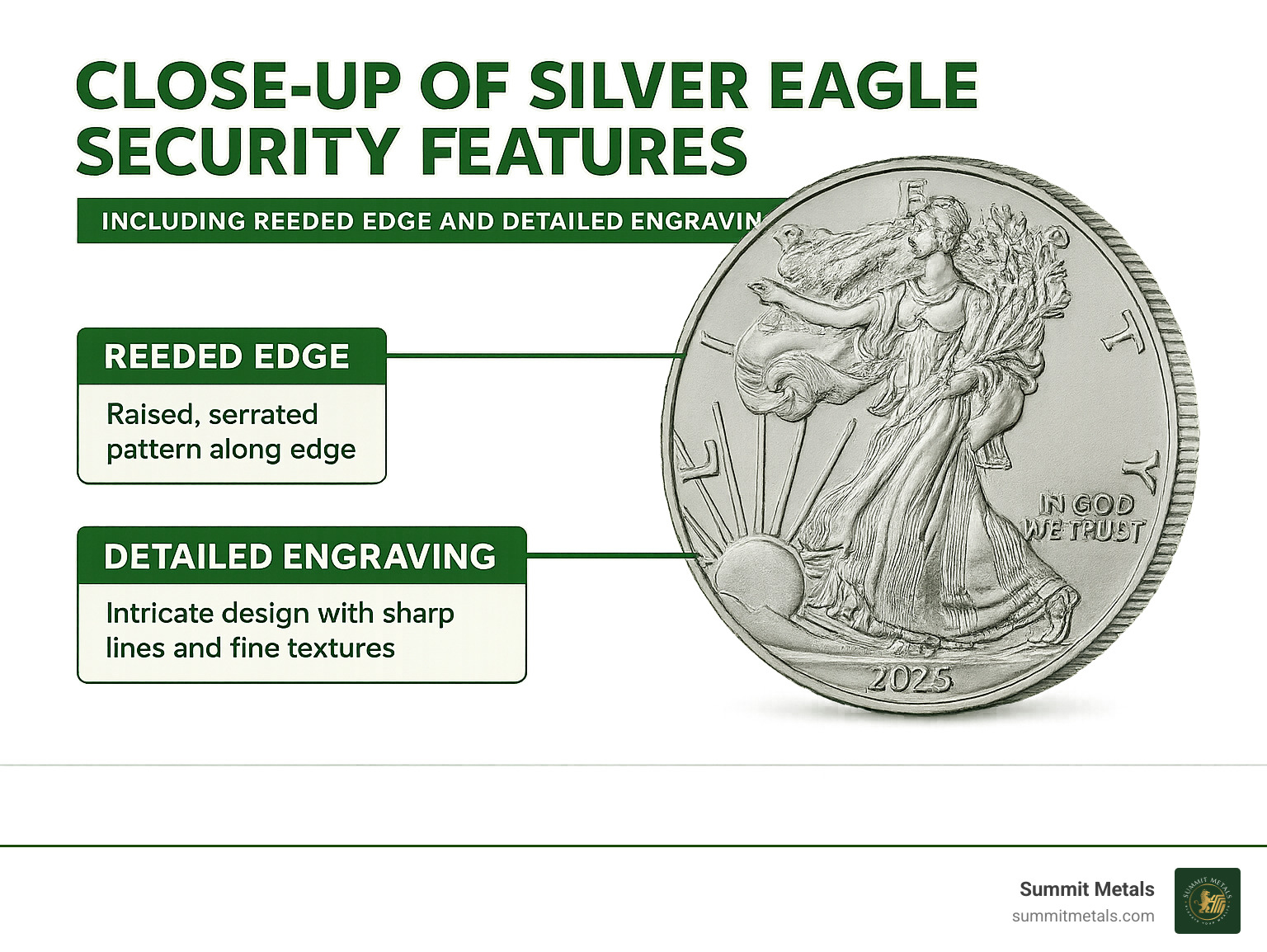 Close-up of Silver Eagle security features including reeded edge and detailed engraving - silver eagle 1 ounce infographic 
