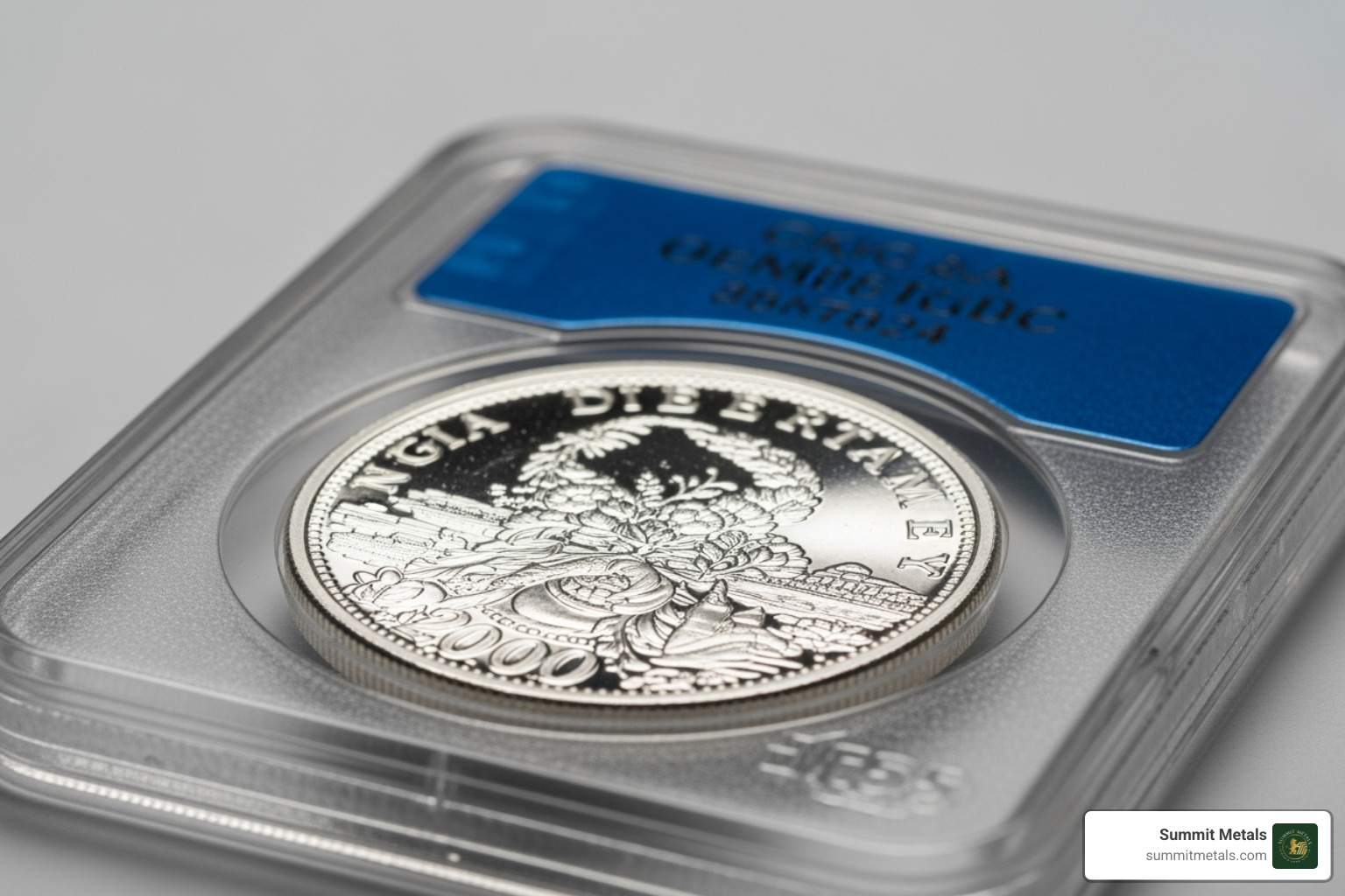 Detailed image of a professional coin grading label showing the numerical grade, certification company logo, coin details, and unique serial number on a protective slab - Buy Certified Silver