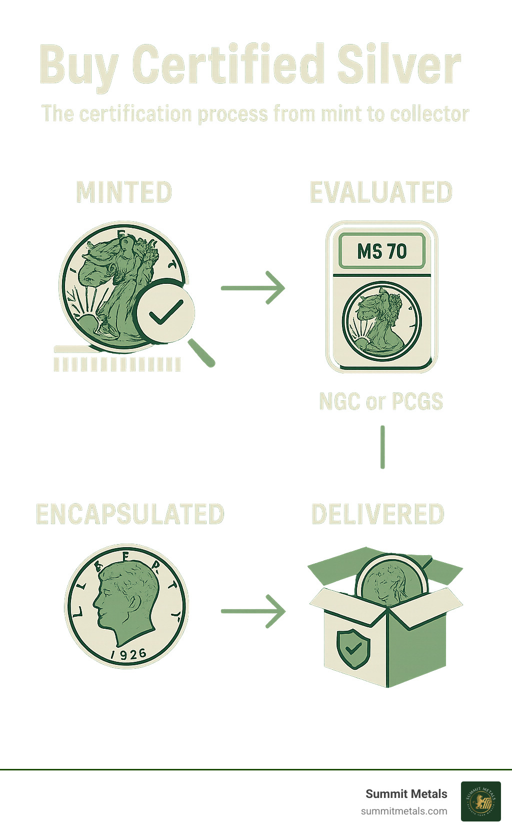 Comprehensive infographic showing the complete journey of a silver coin from mint production through a third-party grading service's certification process including authentication, condition evaluation using the Sheldon Scale, protective slab encapsulation, and final delivery to collectors with verified authenticity guarantee - Buy Certified Silver infographic 