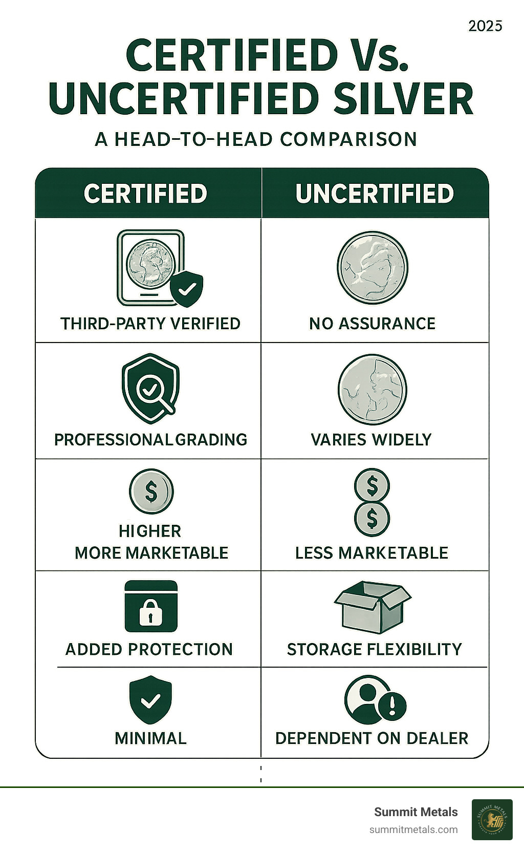 Detailed comparison infographic showing side-by-side analysis of certified versus uncertified silver across key investment factors including authenticity guarantees, condition verification, premium costs, liquidity, storage requirements, and counterparty risks - Buy Certified Silver infographic 