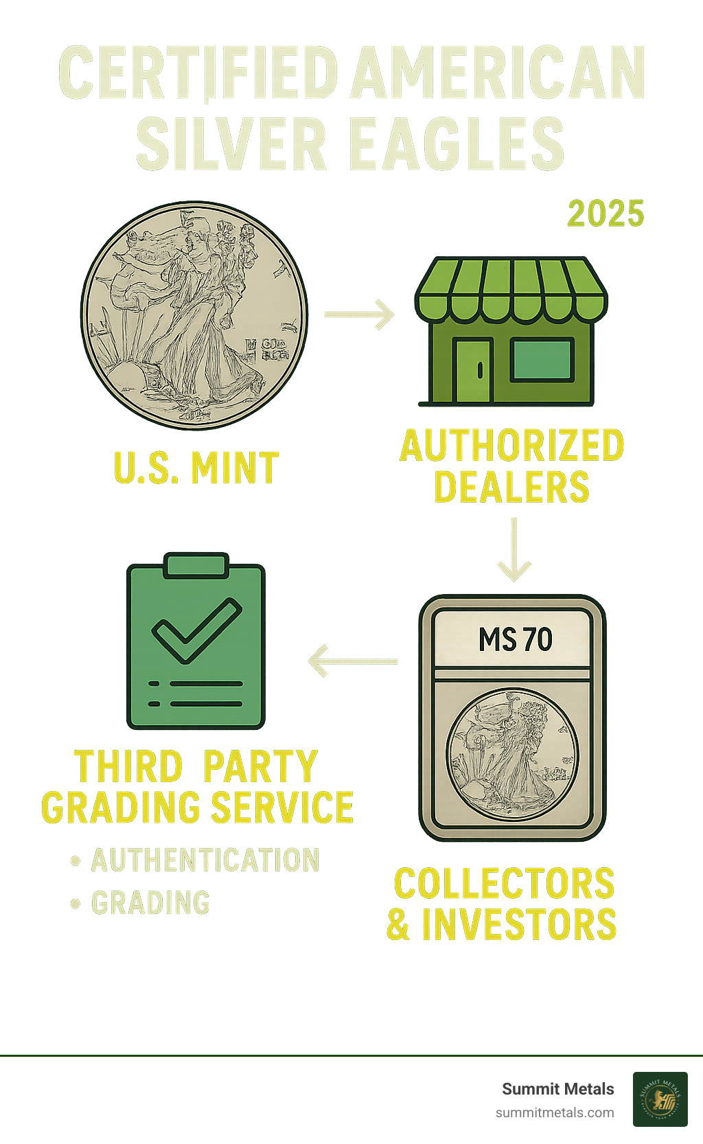 Infographic showing the journey of an American Silver Eagle from the U.S. Mint through authorized dealers to third-party grading services, where it receives authentication, grading on the Sheldon Scale, and protective encapsulation before reaching collectors and investors - certified american silver eagles infographic 