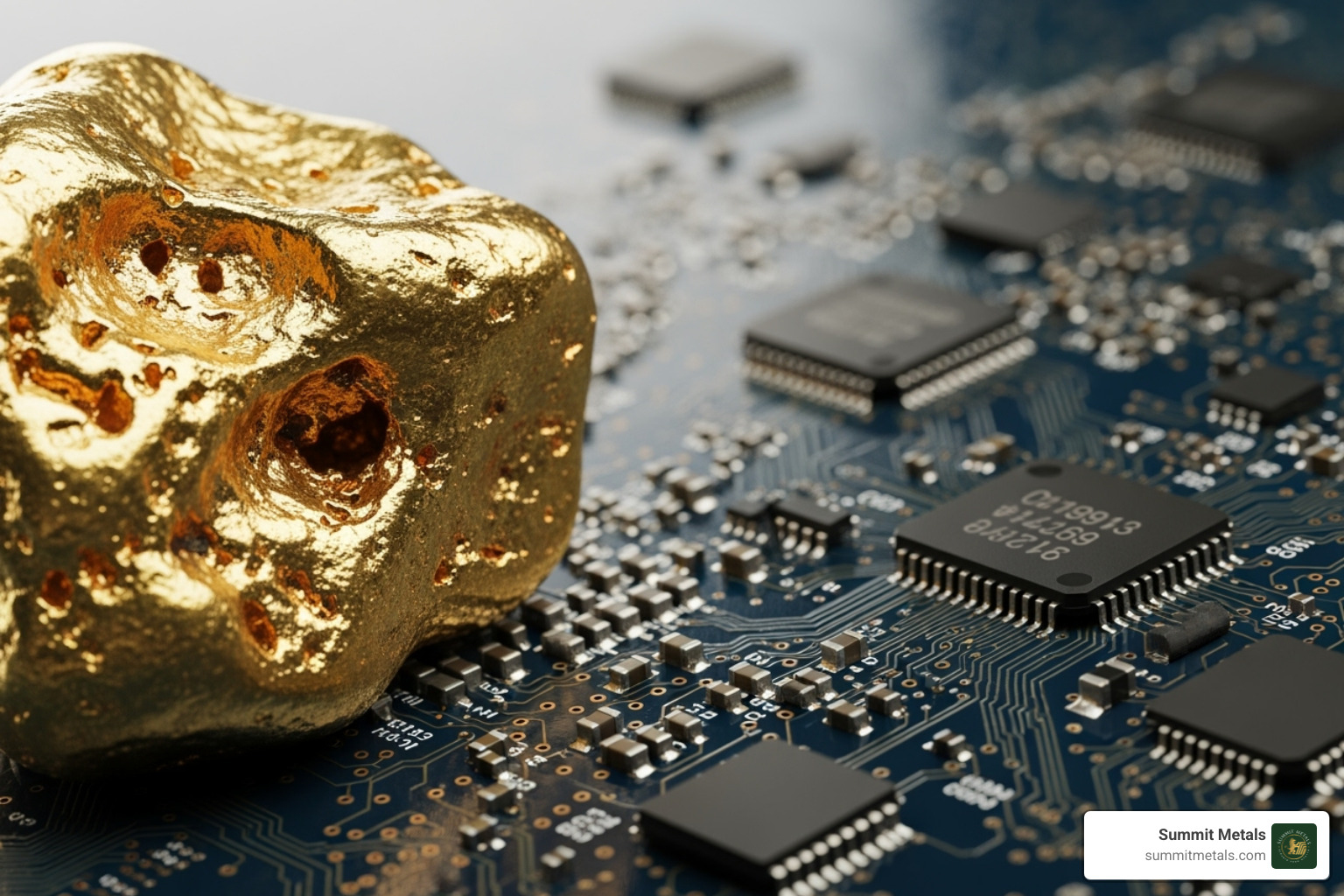 gold nugget next to modern electronic circuit board - Precious Metals Investment
