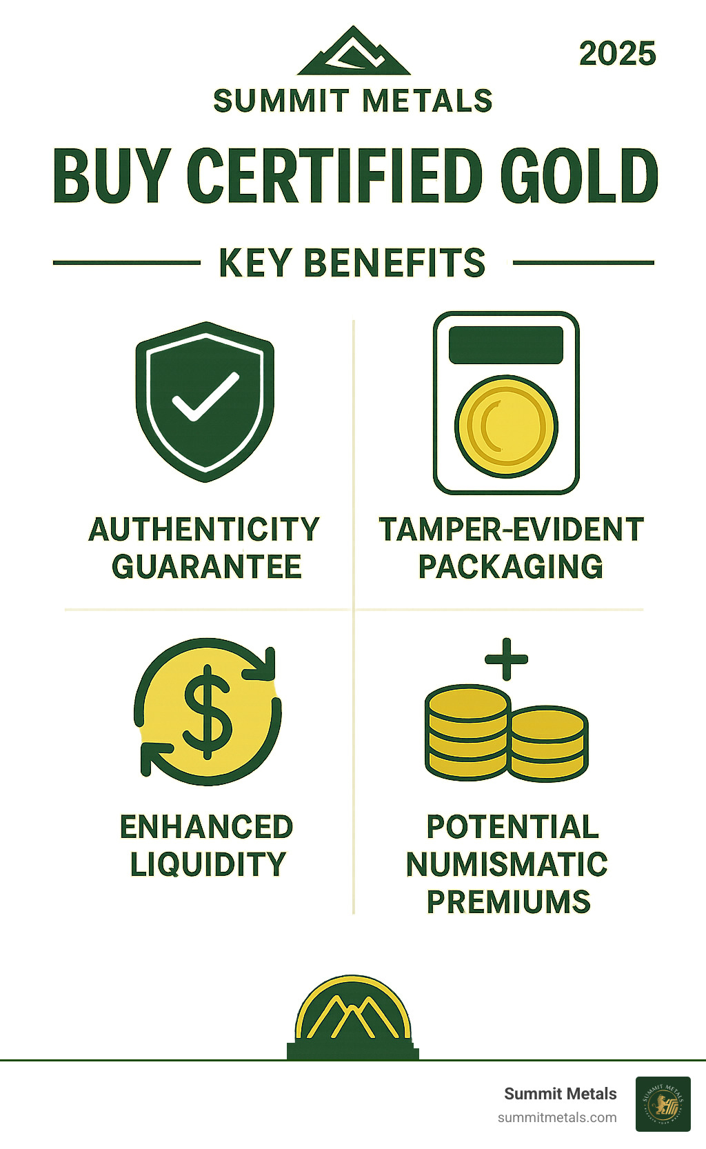 Infographic showing the key benefits of certified gold coins: authenticity guarantee, tamper-evident packaging, improved liquidity, and potential numismatic premiums - Buy Certified Gold infographic 