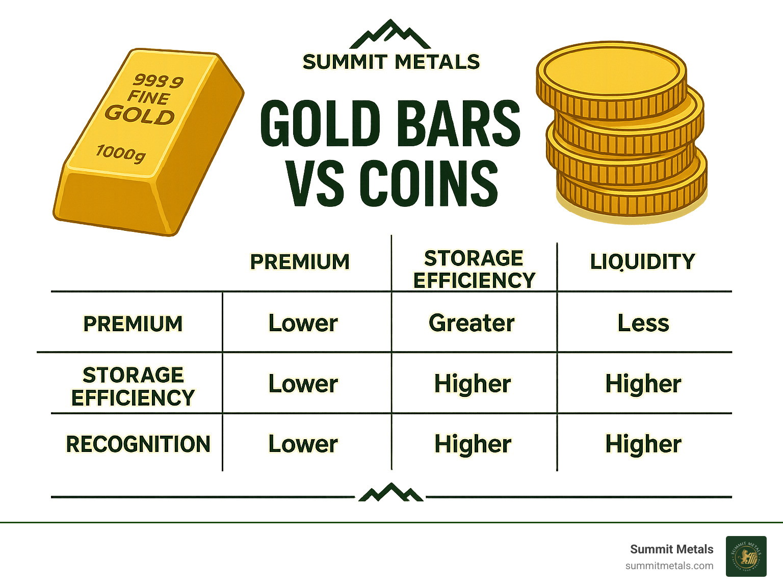 Infographic comparing gold bars vs coins showing premium differences, storage efficiency, liquidity, and recognition factors - Precious Metals Investment infographic 