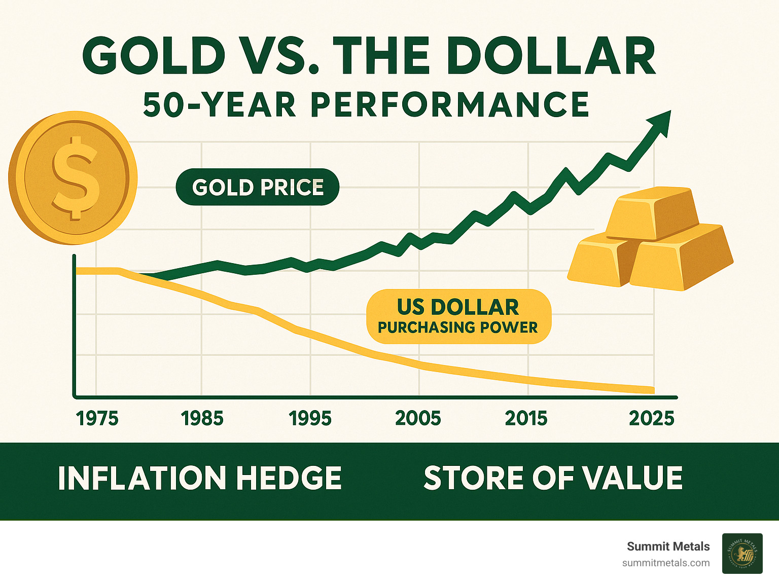 Infographic showing historical gold price performance versus US dollar purchasing power over 50 years, displaying gold's role as an inflation hedge and store of value compared to fiat currency devaluation - Precious Metals Investment infographic 