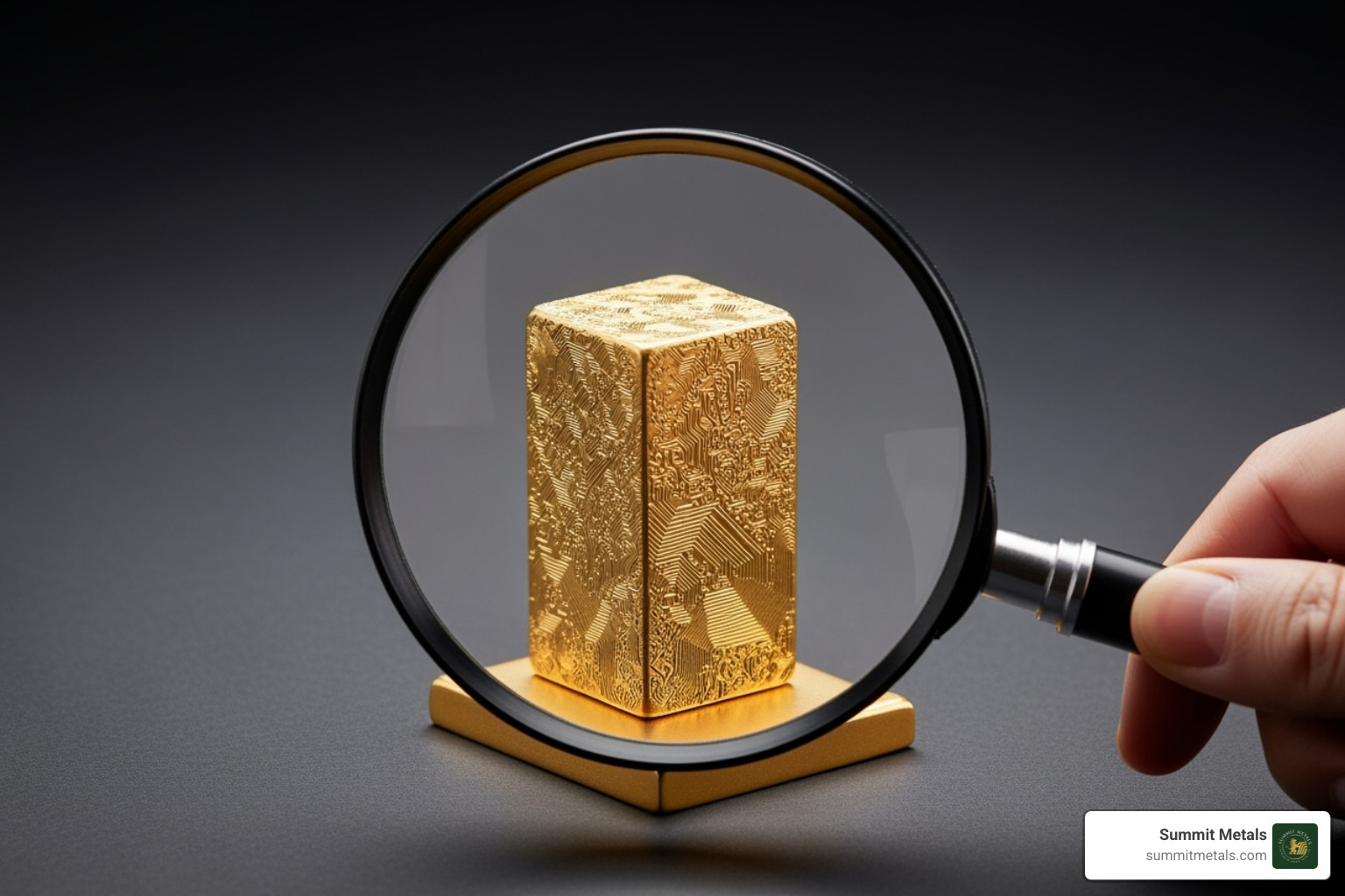 Magnifying glass examining a gold bar, representing thorough due diligence - gold investment