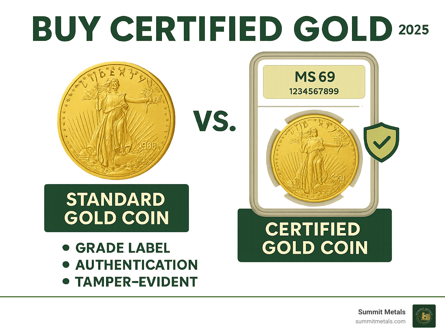 Infographic showing side-by-side comparison of a standard gold bullion coin versus a certified gold coin in protective slab with grade label, authentication number, and tamper-evident features - Buy Certified Gold infographic 