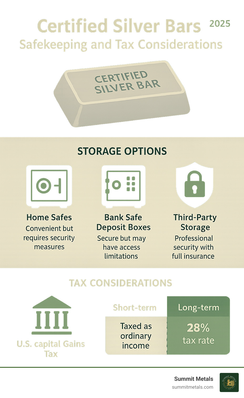 infographic showing storage and tax considerations for certified silver bars including home safes, bank deposit boxes, third-party storage, and tax rates for short-term vs long-term holdings - Certified Silver Bars infographic 