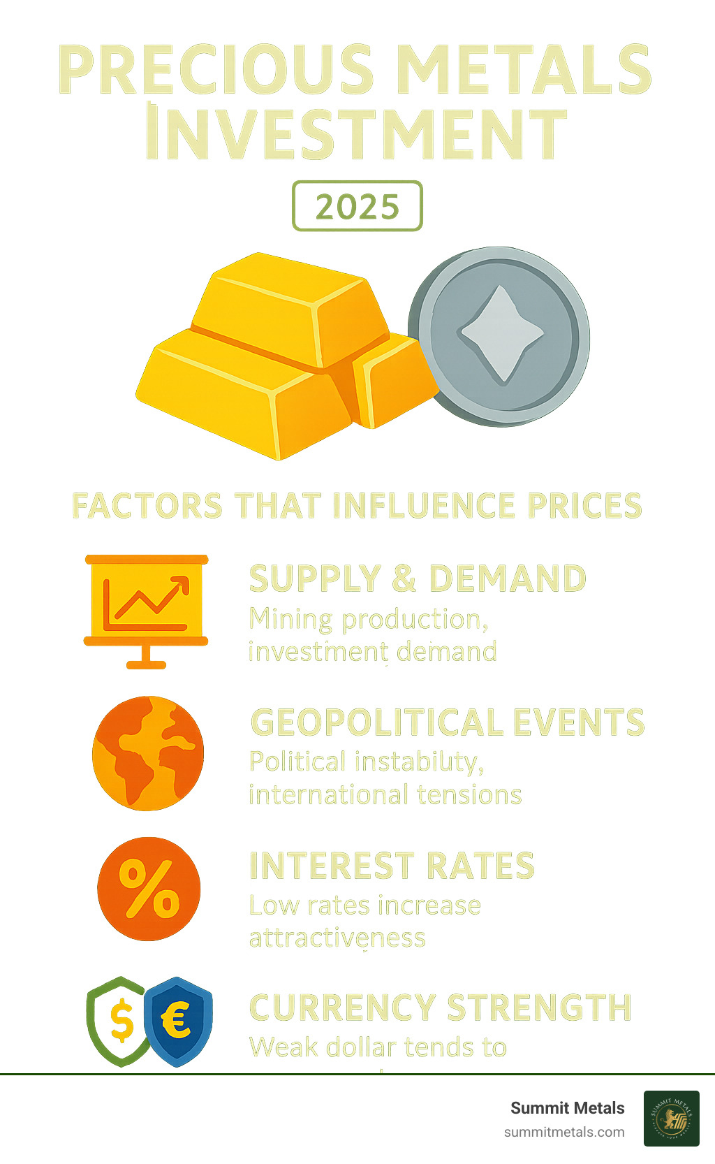 Infographic displaying key factors affecting precious metals prices including supply/demand dynamics, geopolitical events, interest rates, and currency fluctuations - Precious Metals Investment infographic 