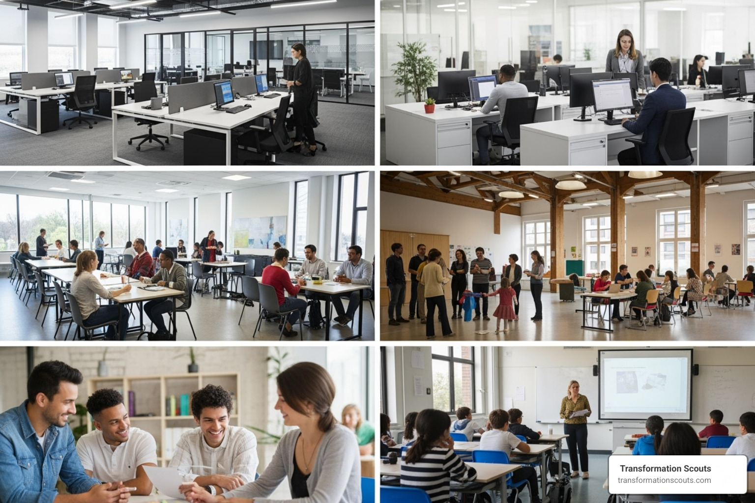 Collage showing diverse service environments: a modern office space, a technology help desk, a community center, and a classroom setting - example of strategic service vision
