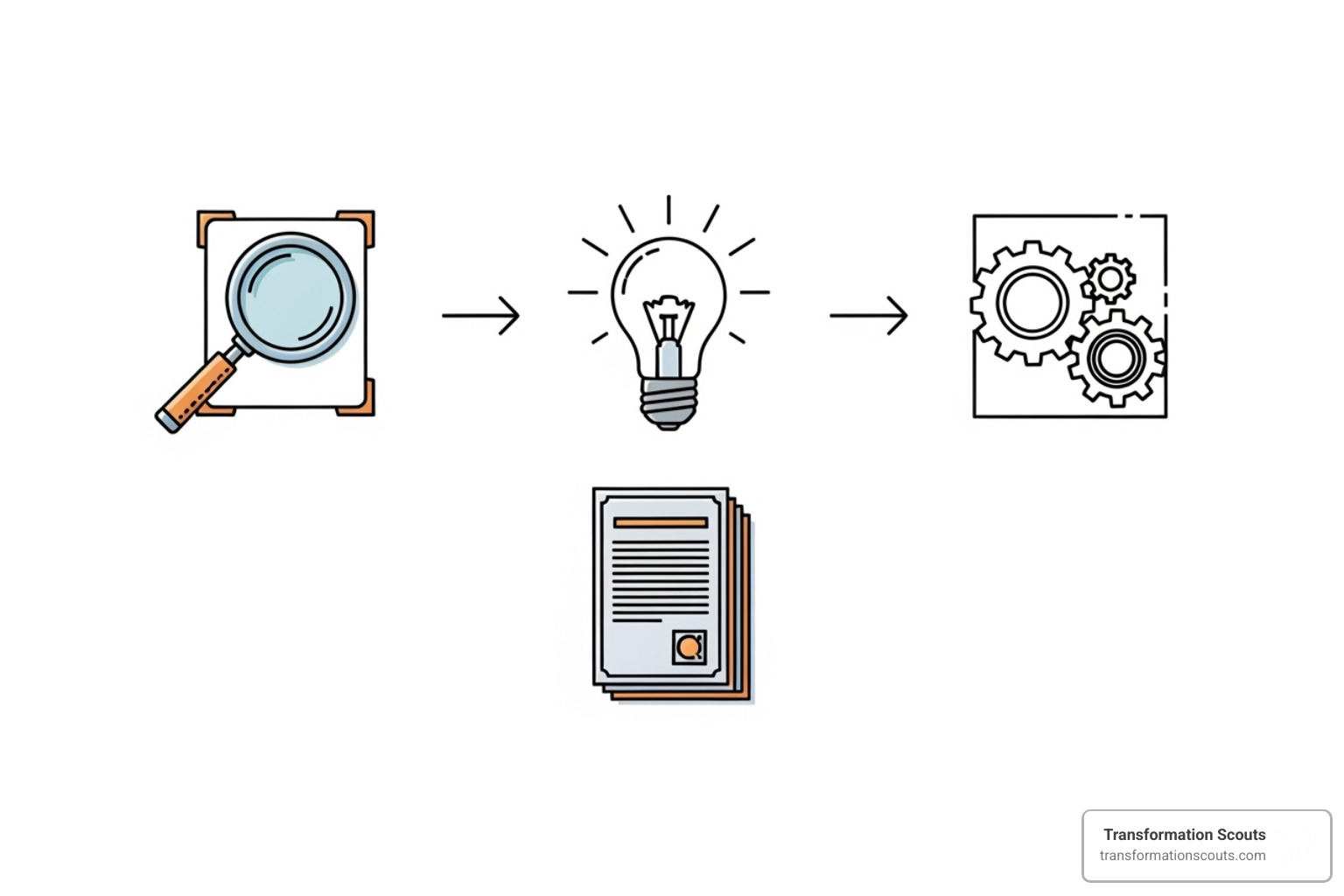 Step-by-step process diagram showing four connected phases: Assess (magnifying glass), Envision (lightbulb), Draft (document), and Implement (gear), with arrows showing the flow between phases - example of strategic service vision