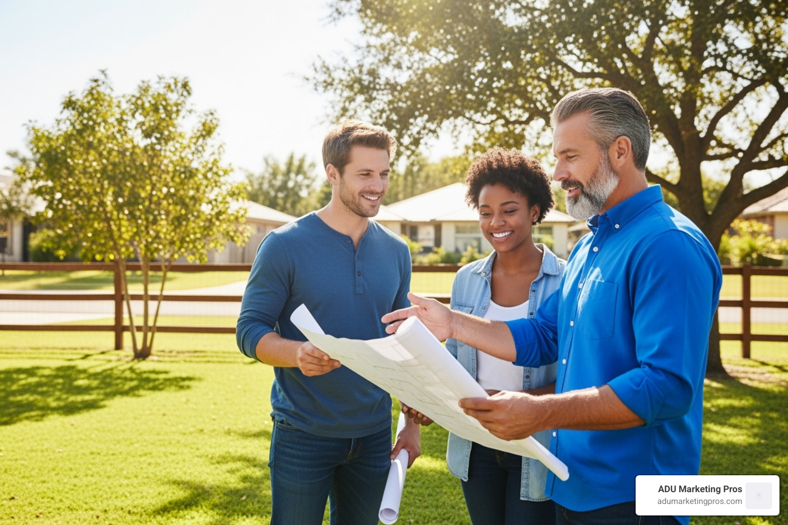 Friendly builder showing blueprints to a smiling couple on their property - adu builders bay area