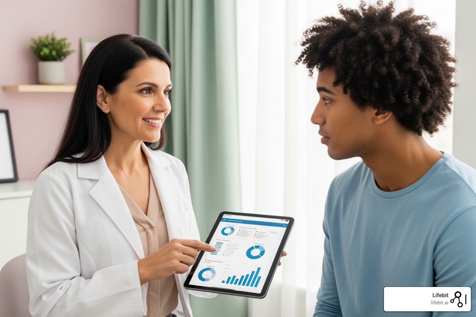 Doctor showing a patient a personalized treatment plan on a tablet - genomic