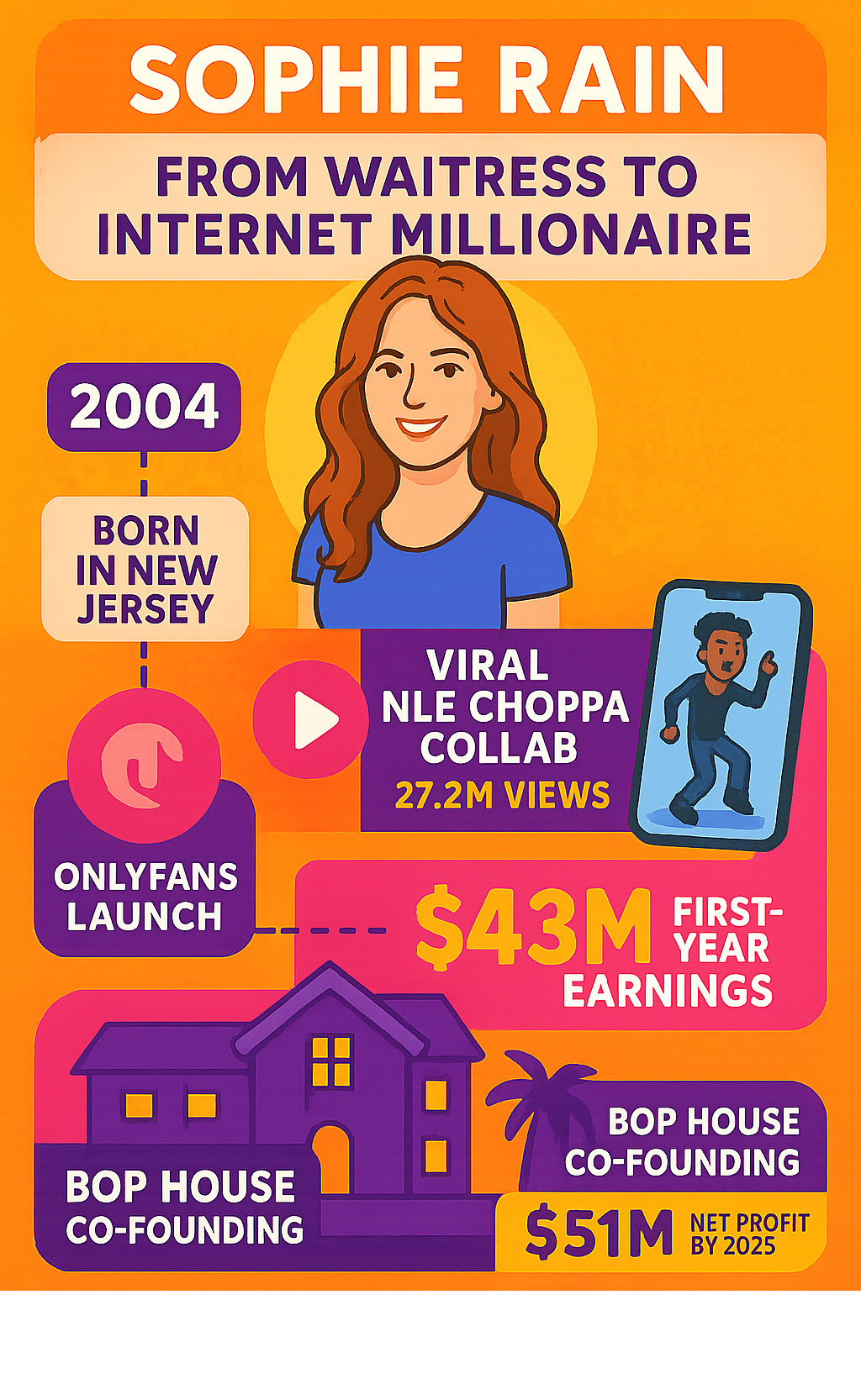 Detailed infographic showing Sophie Rain's journey from New Jersey waitress to internet millionaire, including key milestones: 2004 birth, early TikTok videos, viral NLE Choppa collaboration with 27.2M views, OnlyFans launch, $43M first-year earnings, Bop House co-founding in Fort Lauderdale, and $51M net profit by 2025 - sophie rain infographic 
