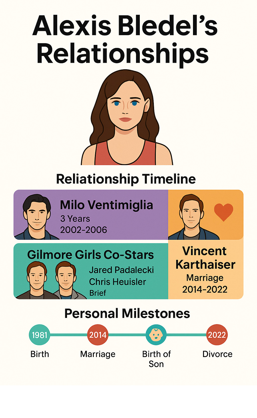 Statistical breakdown of Alexis Bledel's relationships showing her three-year relationship with Milo Ventimiglia from 2002-2006, brief relationships with Gilmore Girls co-stars, and eight-year marriage to Vincent Kartheiser from 2014-2022, plus timeline of personal milestones including birth of son in 2015 - alexis bledel infographic 