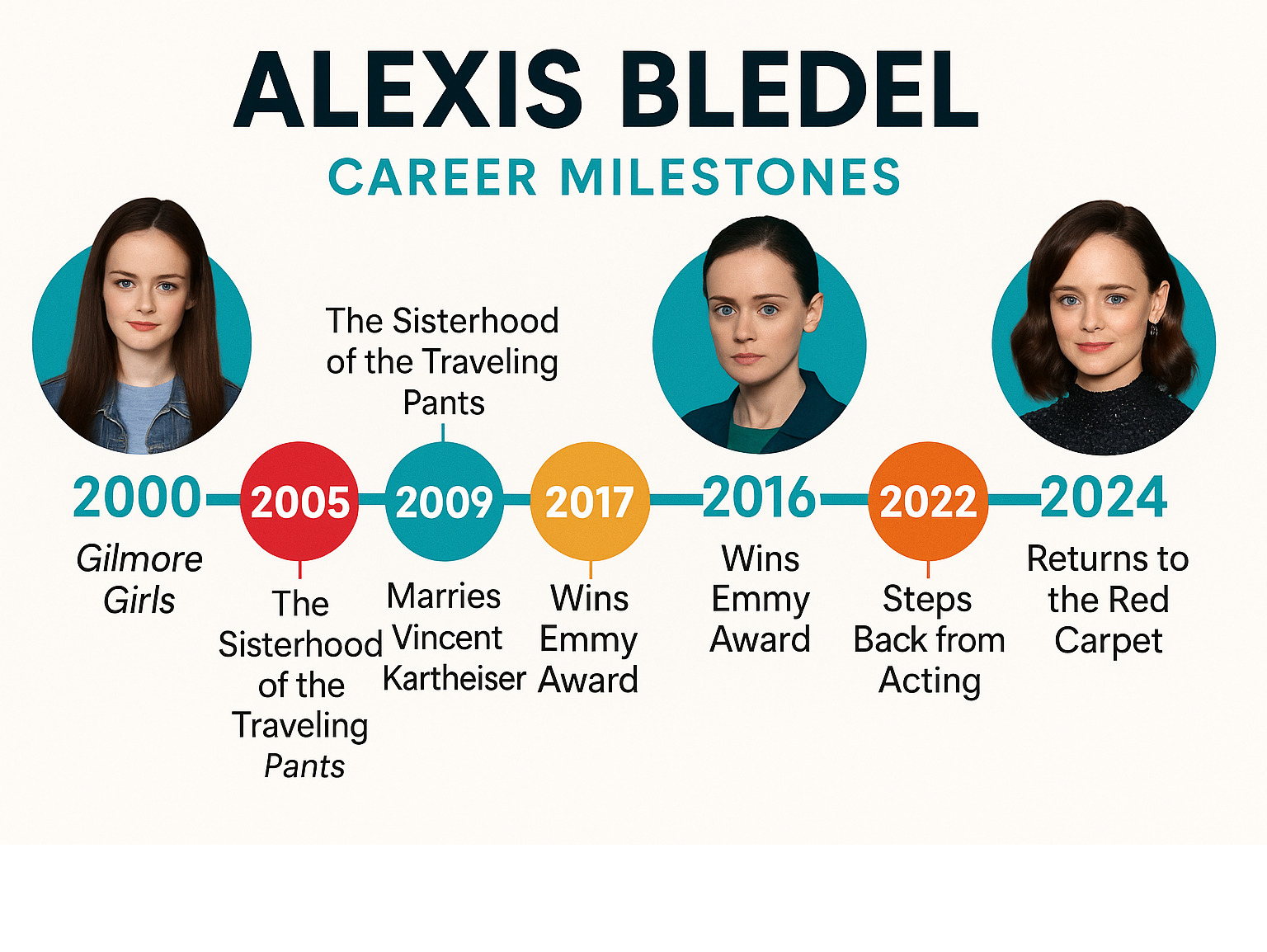 Detailed timeline infographic showing Alexis Bledel's career milestones from her 2000 Gilmore Girls debut through her 2024 red carpet return, including major roles, awards, personal life events, and her recent step back from the spotlight - alexis bledel infographic Detailed timeline infographic showing Alexis Bledel's career milestones from her 2000 Gilmore Girls debut through her 2024 red carpet return, including major roles, awards, personal life events, and her recent step back from the spotlight - alexis bledel infographic