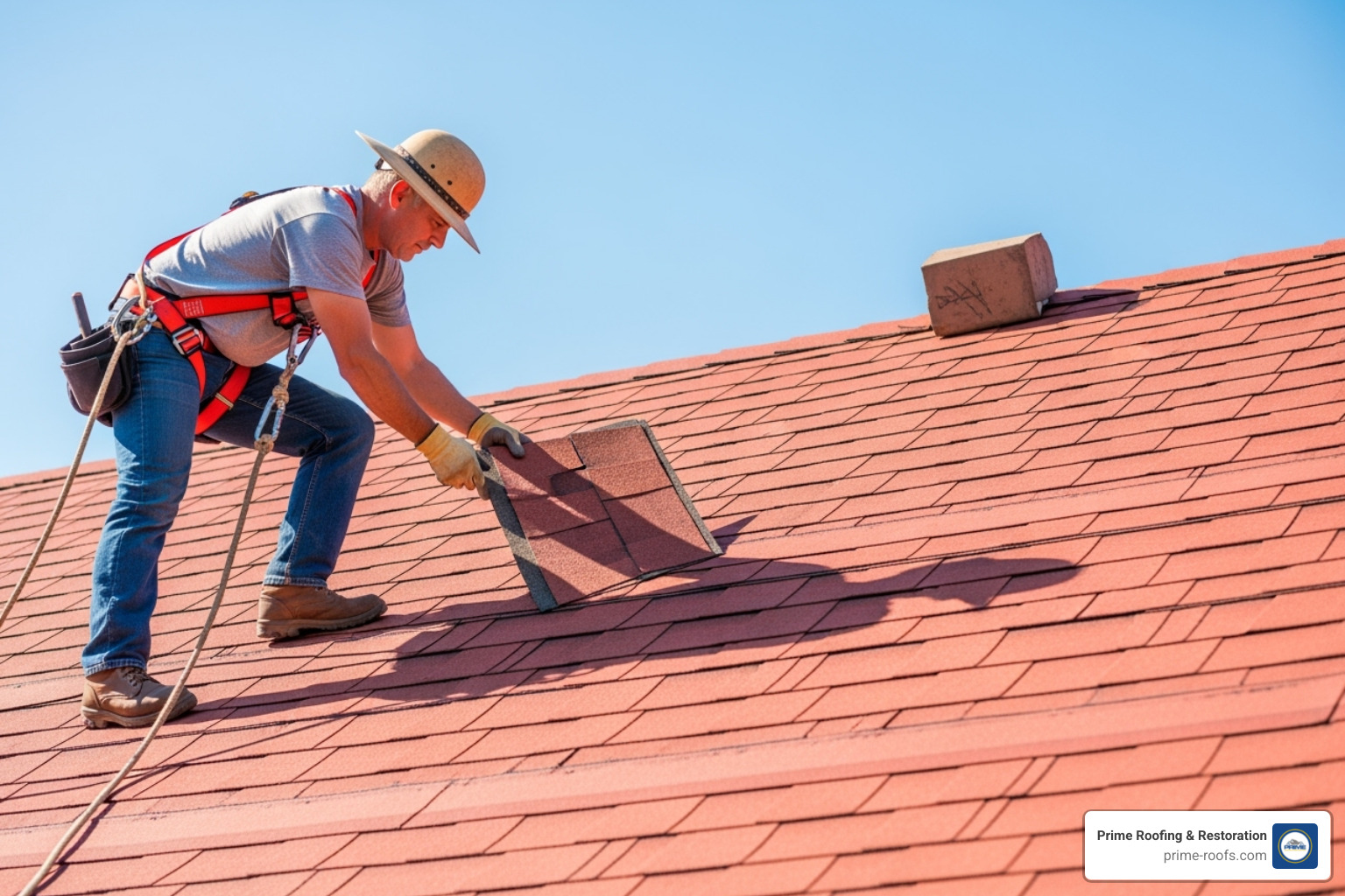 roofer on a steep roof, highlighting the complexity - Roof repair estimate