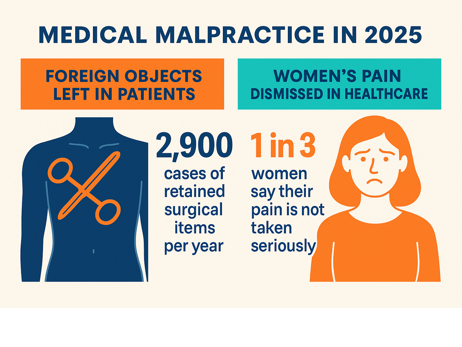 Infographic showing statistics about medical malpractice cases involving foreign objects left in patients and the prevalence of women's pain being dismissed in healthcare settings - abby lee miller infographic 