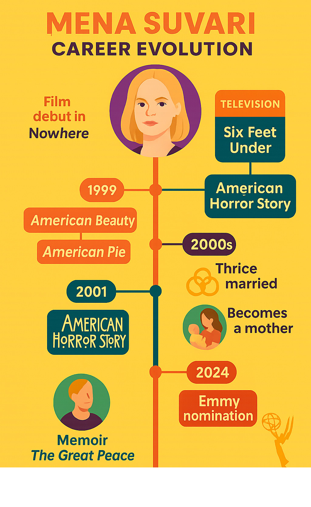Comprehensive timeline infographic showing Mena Suvari's career evolution from 1997 film debut in Nowhere through 2024 Emmy nomination, highlighting major films American Beauty and American Pie in 1999, television work including Six Feet Under and American Horror Story, personal milestones including three marriages and motherhood, and recent memoir publication - mena suvari infographic 