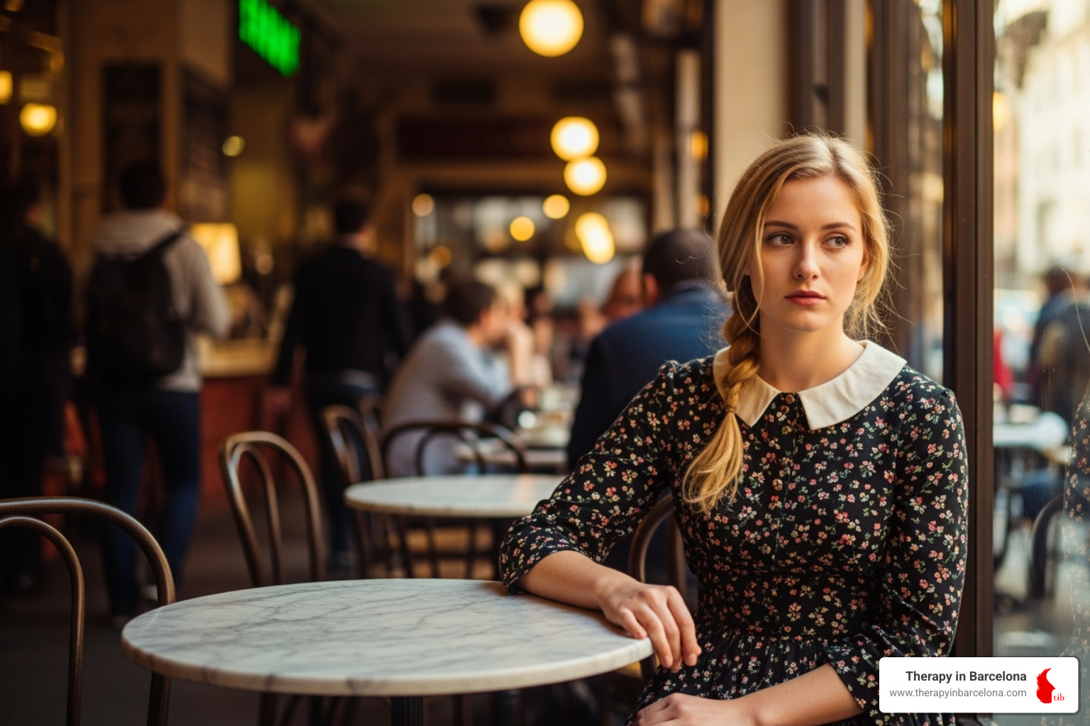 person sitting alone in a busy foreign café, looking disconnected - trauma therapy for expats person sitting alone in a busy foreign café, looking disconnected - trauma therapy for expats
