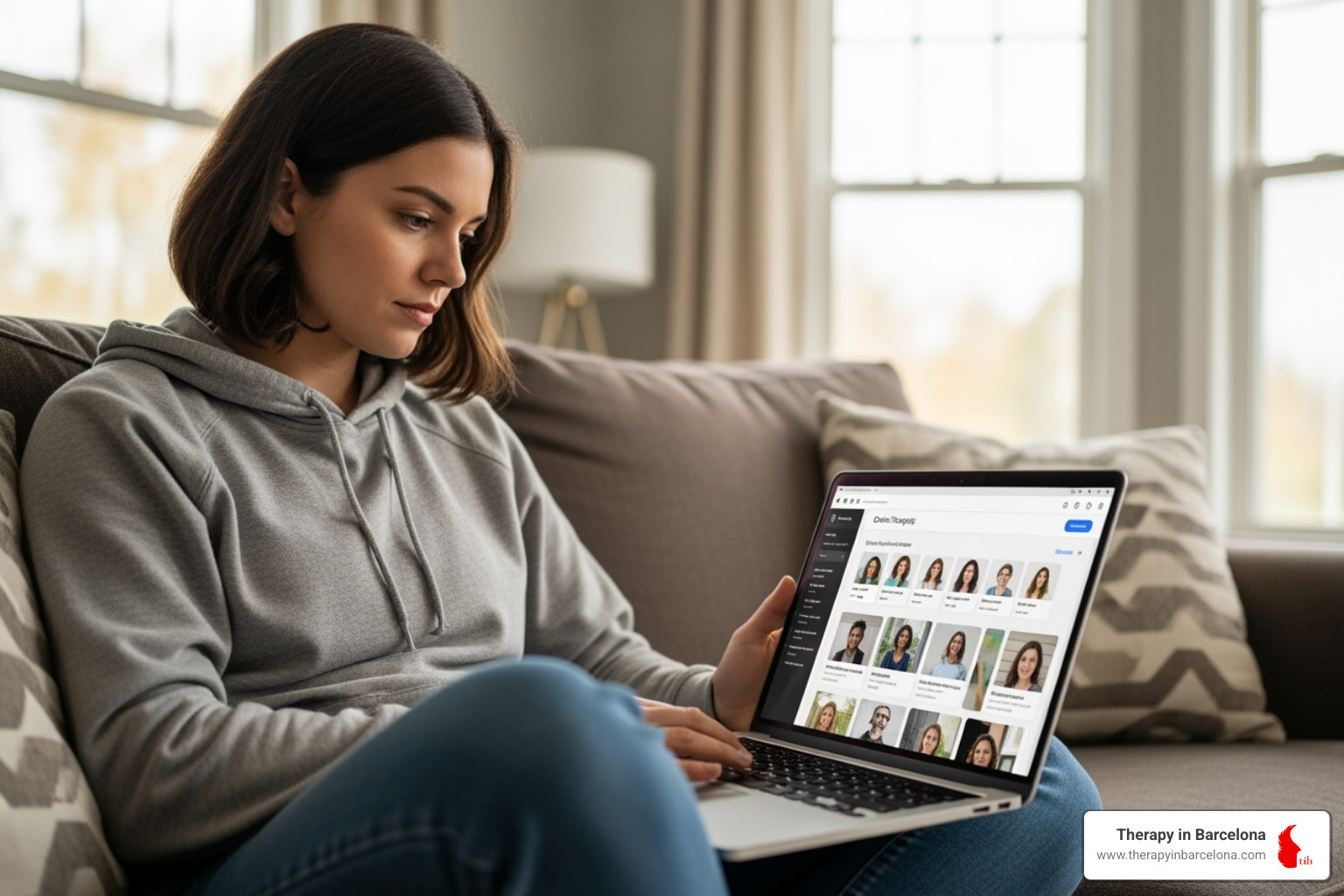 Person browsing laptop, searching for therapist online - clinical psychologist barcelona