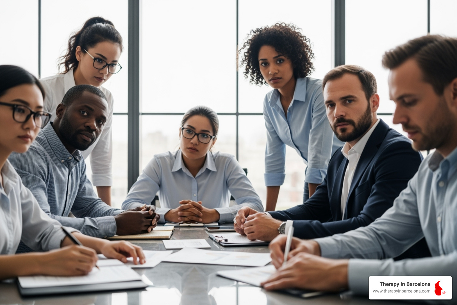 diverse team in a tense meeting - managing stress in the workplace diverse team in a tense meeting - managing stress in the workplace