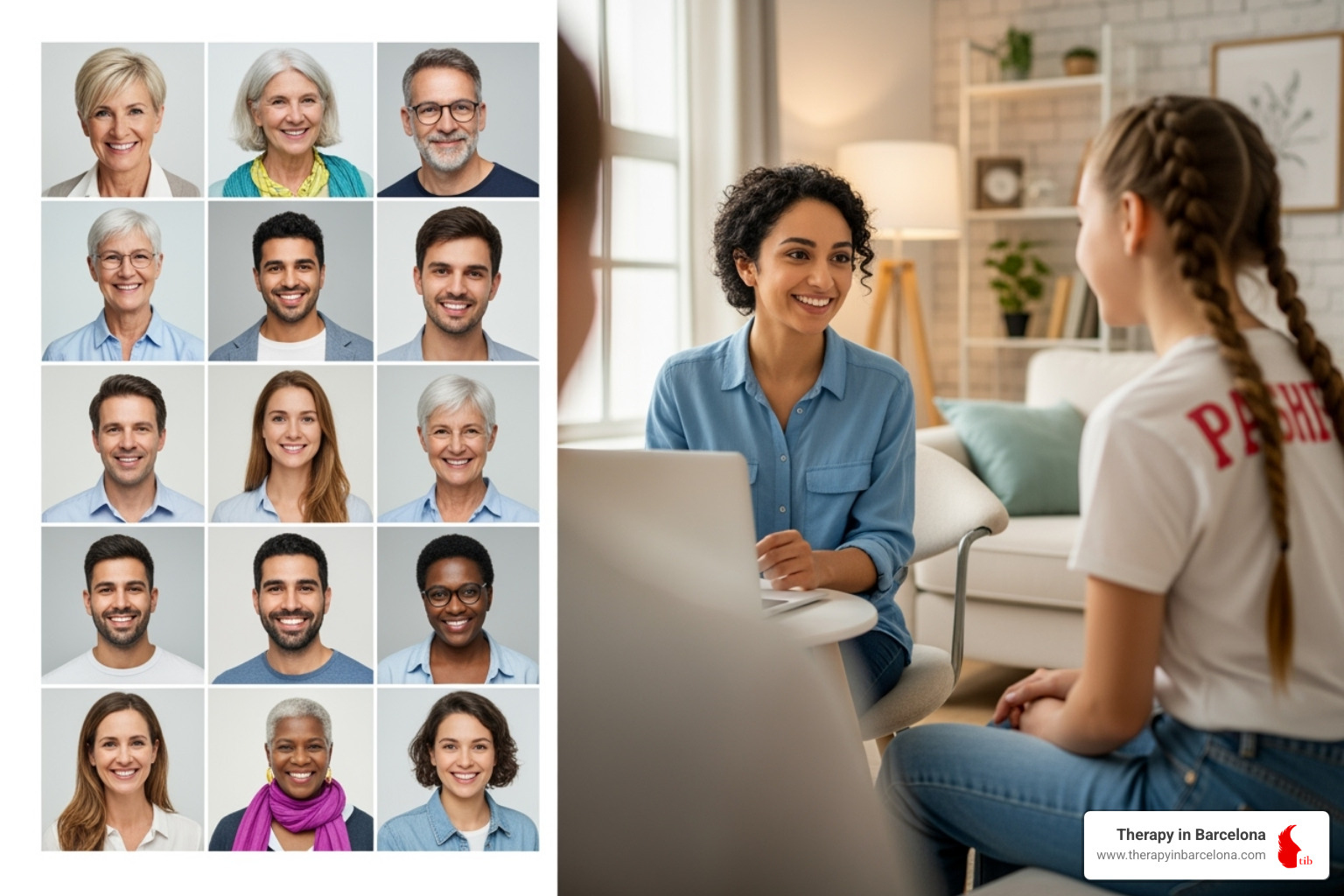Split screen showing a large grid of therapist photos vs. a single, warm, one-on-one consultation - online therapy for teens