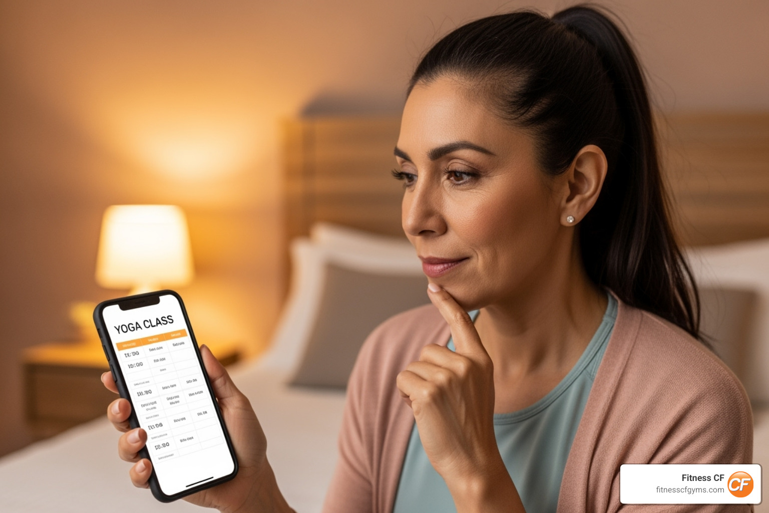 person looking thoughtfully at a yoga schedule on a phone - yoga classes near me