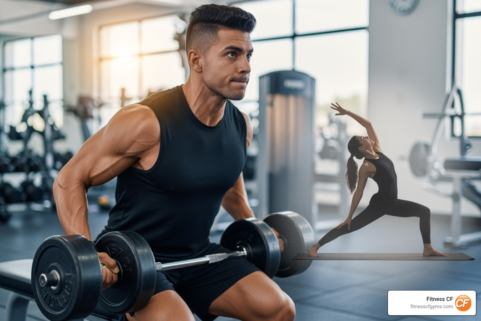 person lifting weights in a gym setting, with a calm yoga pose superimposed - yoga classes near me