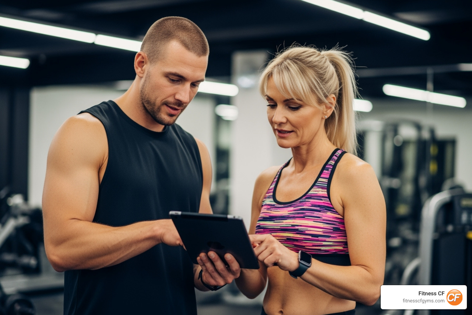 trainer reviewing a fitness plan on a tablet with a client - personal training orlando