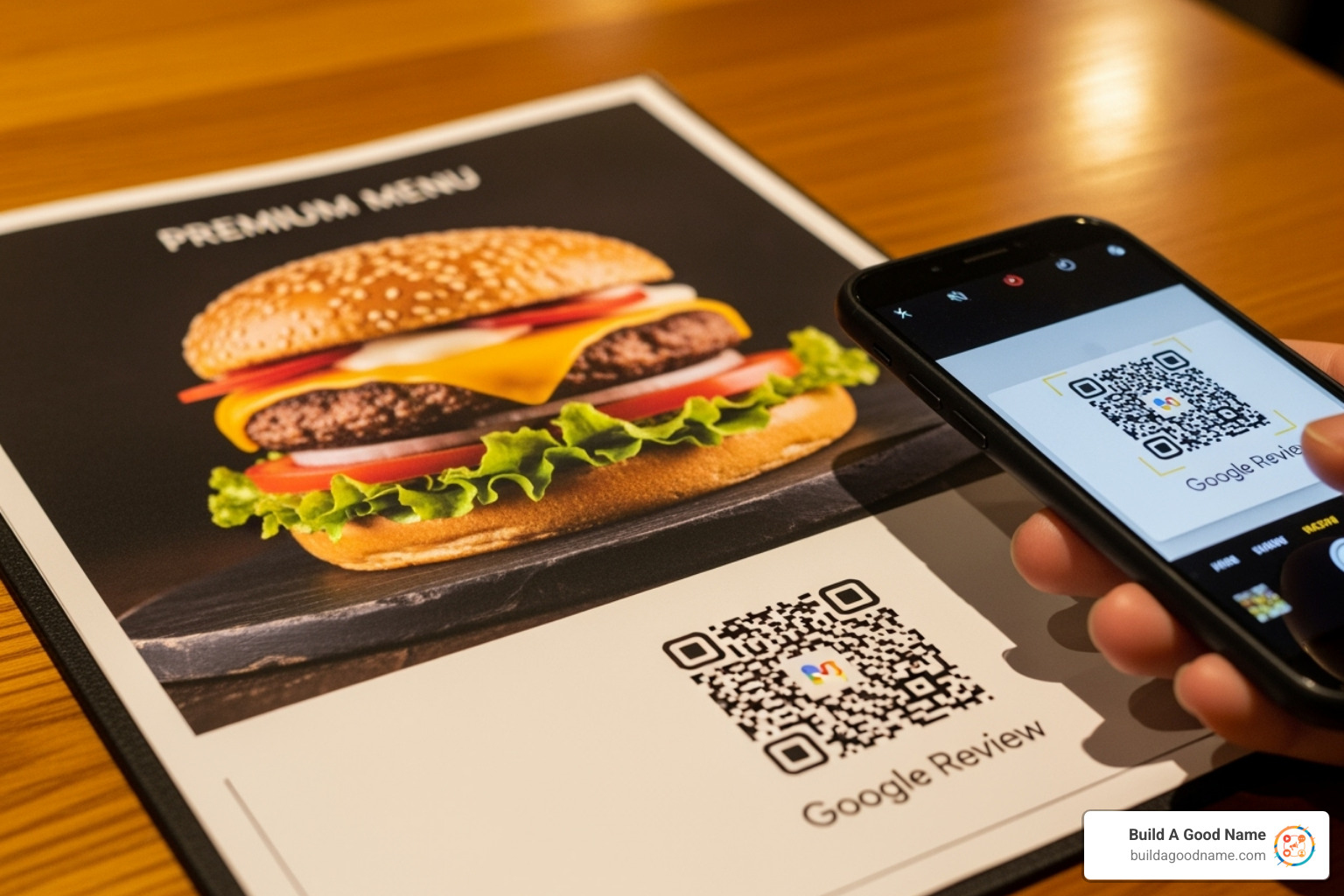 Restaurant menu with a prominent Google Review QR code printed in the corner, with a smartphone scanning it in the background - google review maker