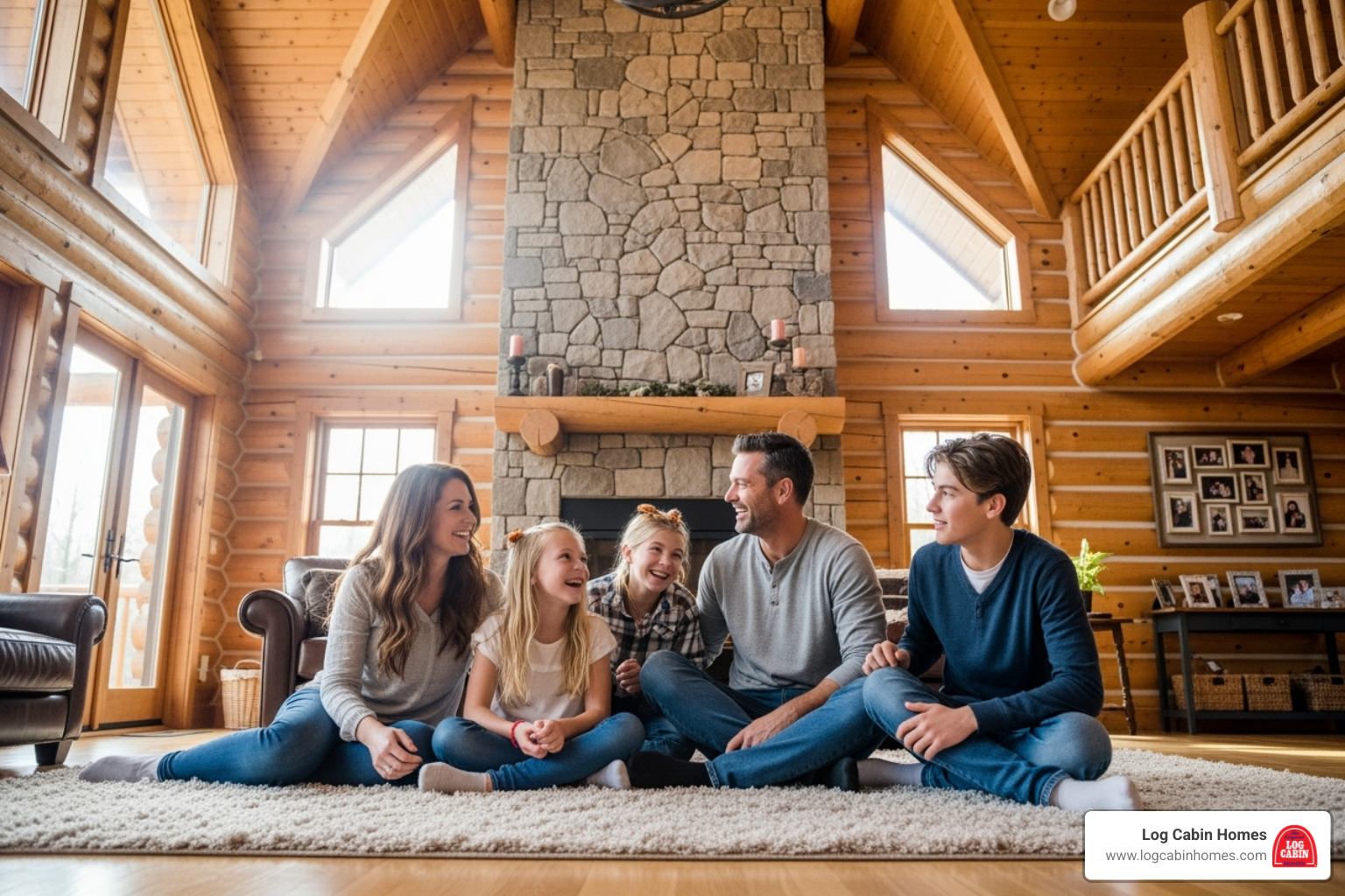 Family enjoying the great room of their log home, with a large stone fireireplace and high ceilings - Log Cabin Plans