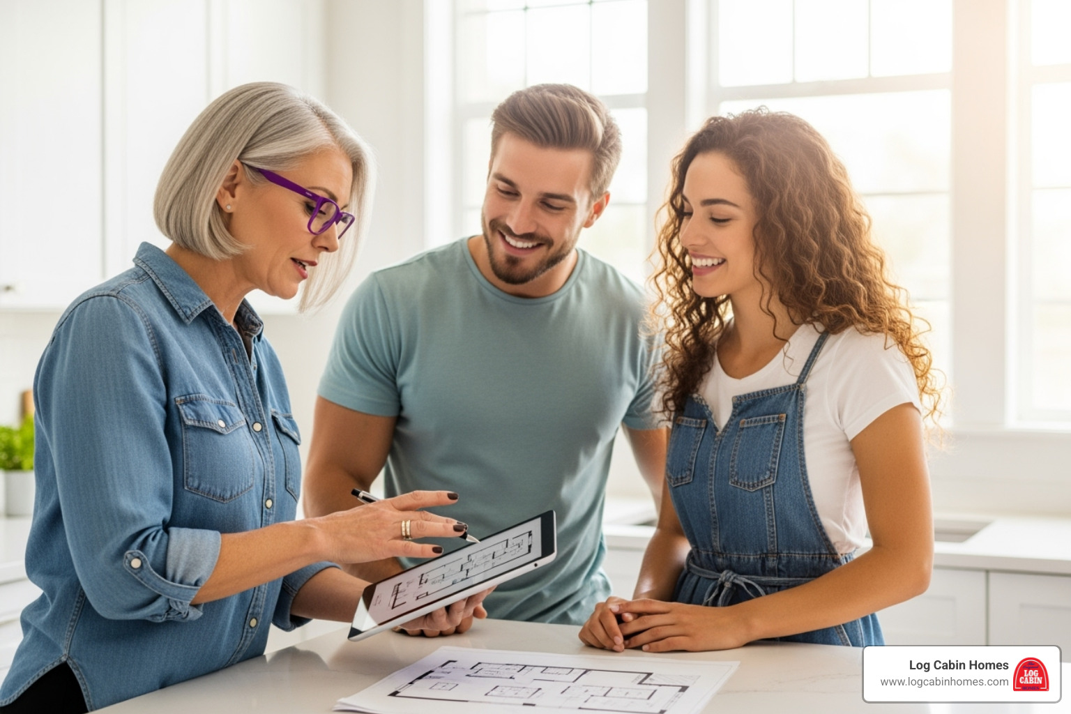 Designer and a smiling couple reviewing and marking up a floor plan on a tablet - Log Cabin Plans