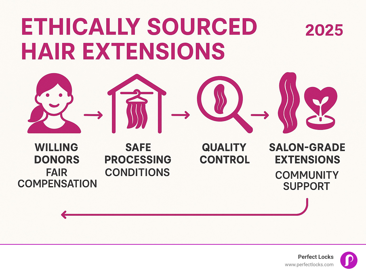 Infographic showing the complete journey of ethically sourced hair extensions from willing donors receiving fair compensation, through verified processing facilities with safe working conditions, to quality control and certification, ending with salon-grade extensions that support community development programs - ethically sourced hair extensions infographic