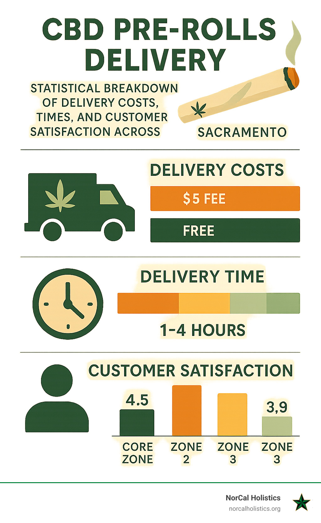 Statistical breakdown of CBD pre-roll delivery costs, delivery times, and customer satisfaction ratings across different service areas in Sacramento - cbd pre rolls delivery infographic 