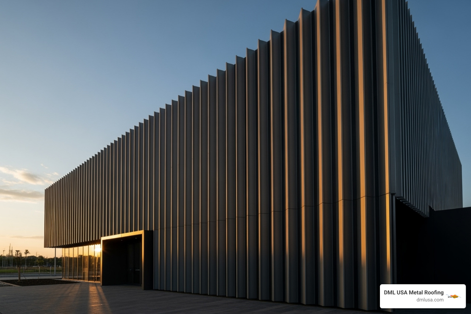 building facade with vertical deep rib panels creating dramatic shadows - deep rib metal panels