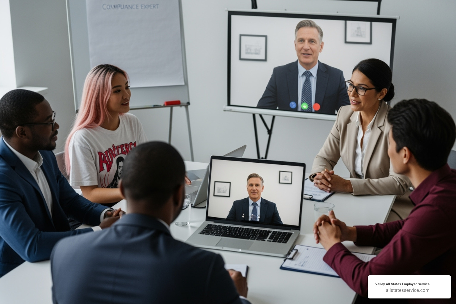 A diverse team of in-house staff collaborating with an external compliance expert via video conference - outsourced compliance solutions