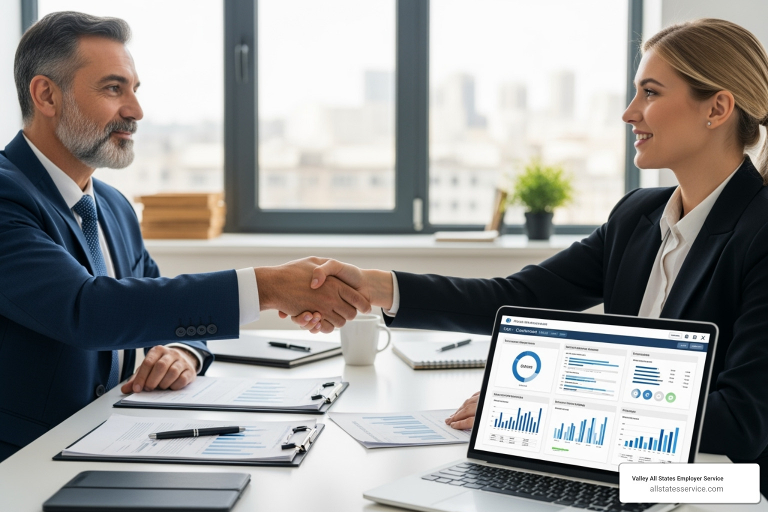 Two people shaking hands over a desk with documents and a laptop showing a compliance dashboard - outsourced compliance solutions