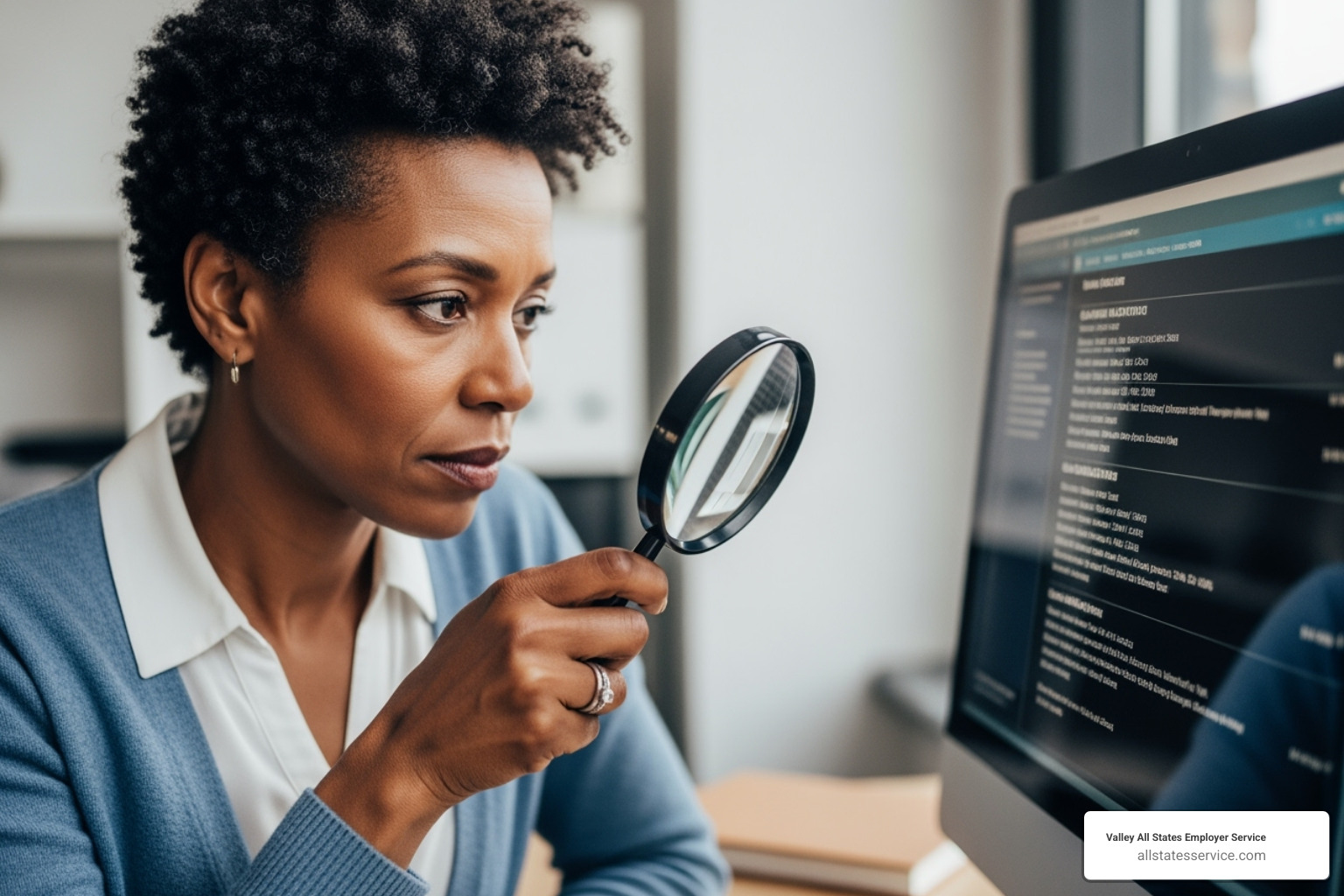 A person using a magnifying glass to review a list of compliance provider qualifications on a screen - outsourced compliance solutions