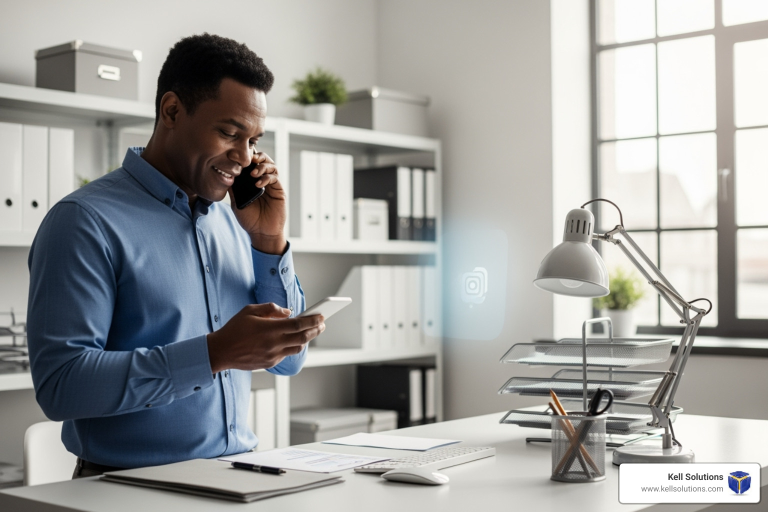 smiling small business owner looking relieved while their phone is being answered by an AI - ai phone answering