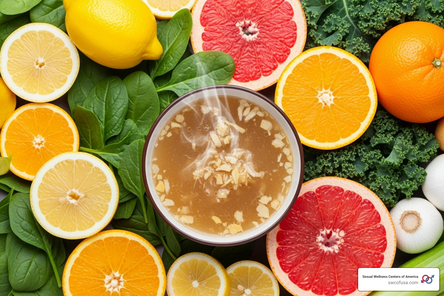 colorful spread of collagen-boosting foods including bone broth, citrus fruits, and leafy greens - collagen peptide supplement benefits