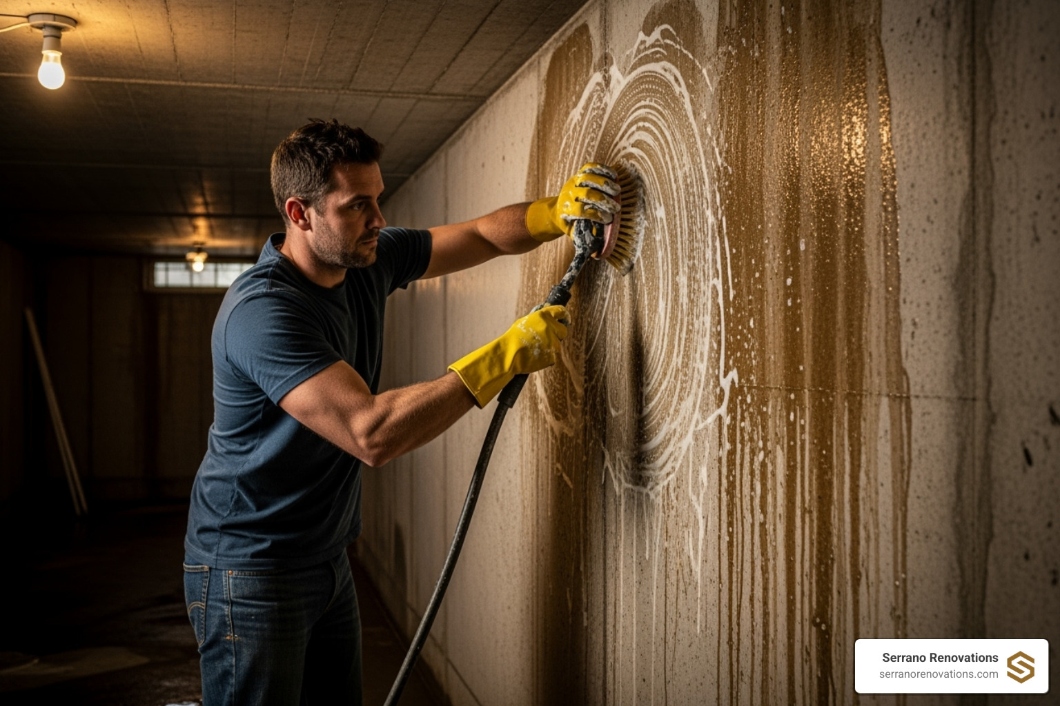 Someone scrubbing a concrete basement wall - basement flooding remediation