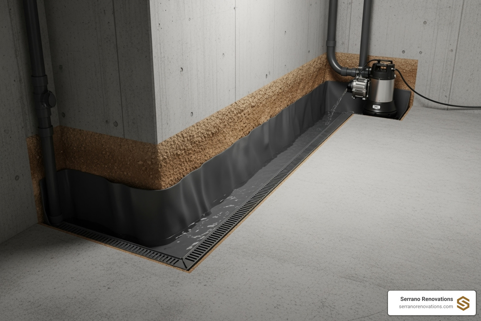 Installed interior drainage system leading to a sump pump - basement flooding remediation