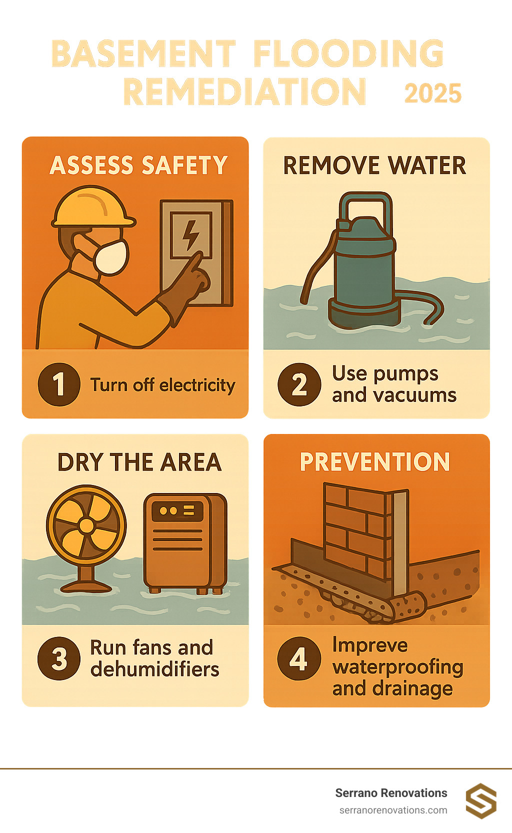 Step-by-step basement flooding remediation process showing four key phases: immediate safety assessment with electrical shutoff, water removal using pumps and vacuums, thorough drying with industrial fans and dehumidifiers, and long-term prevention measures including waterproofing and drainage improvements - basement flooding remediation infographic 