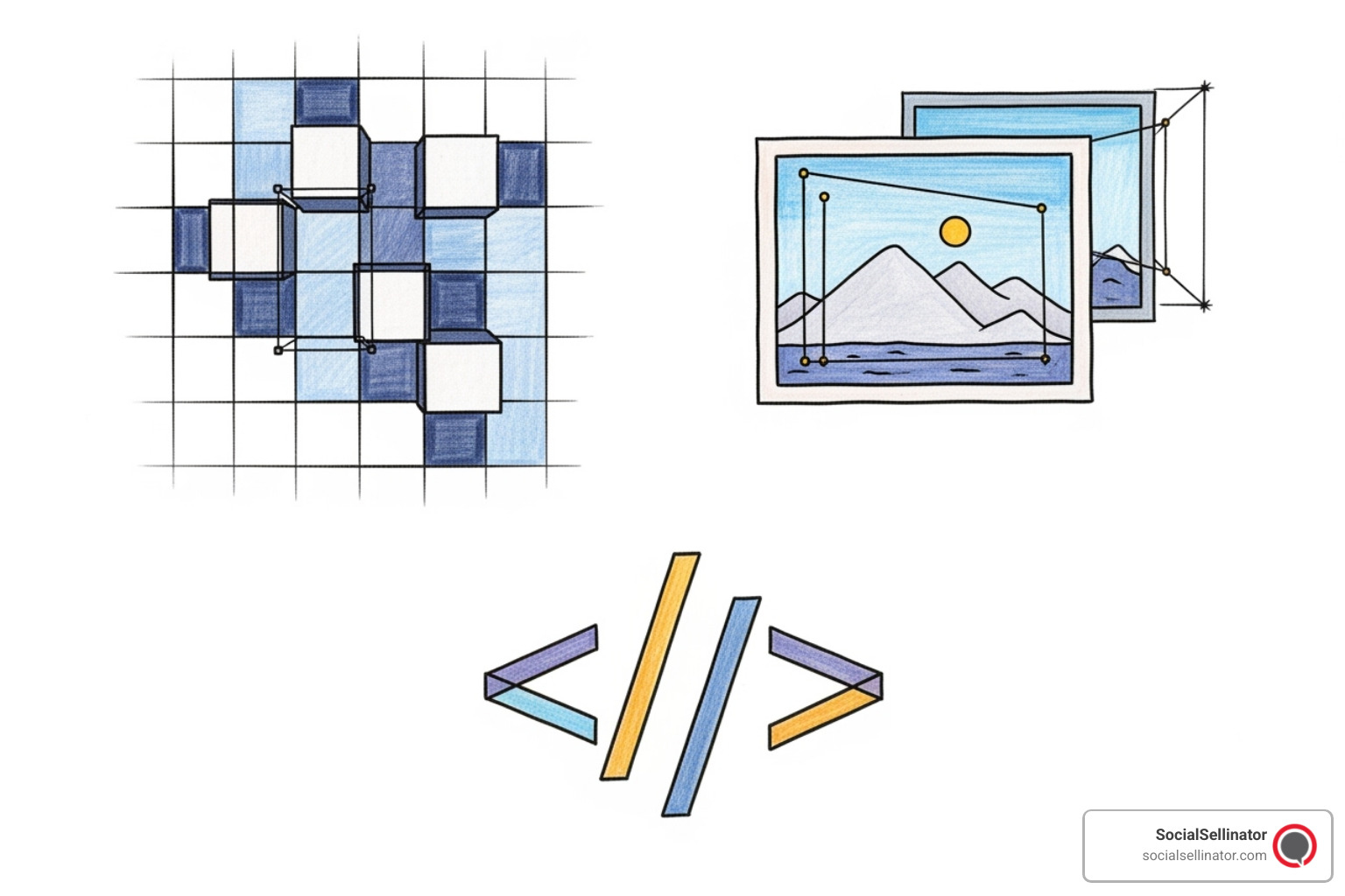 Illustration showing the three pillars of responsive web design: a flexible grid system, an image resizing across devices, and CSS media query code - responsive web design